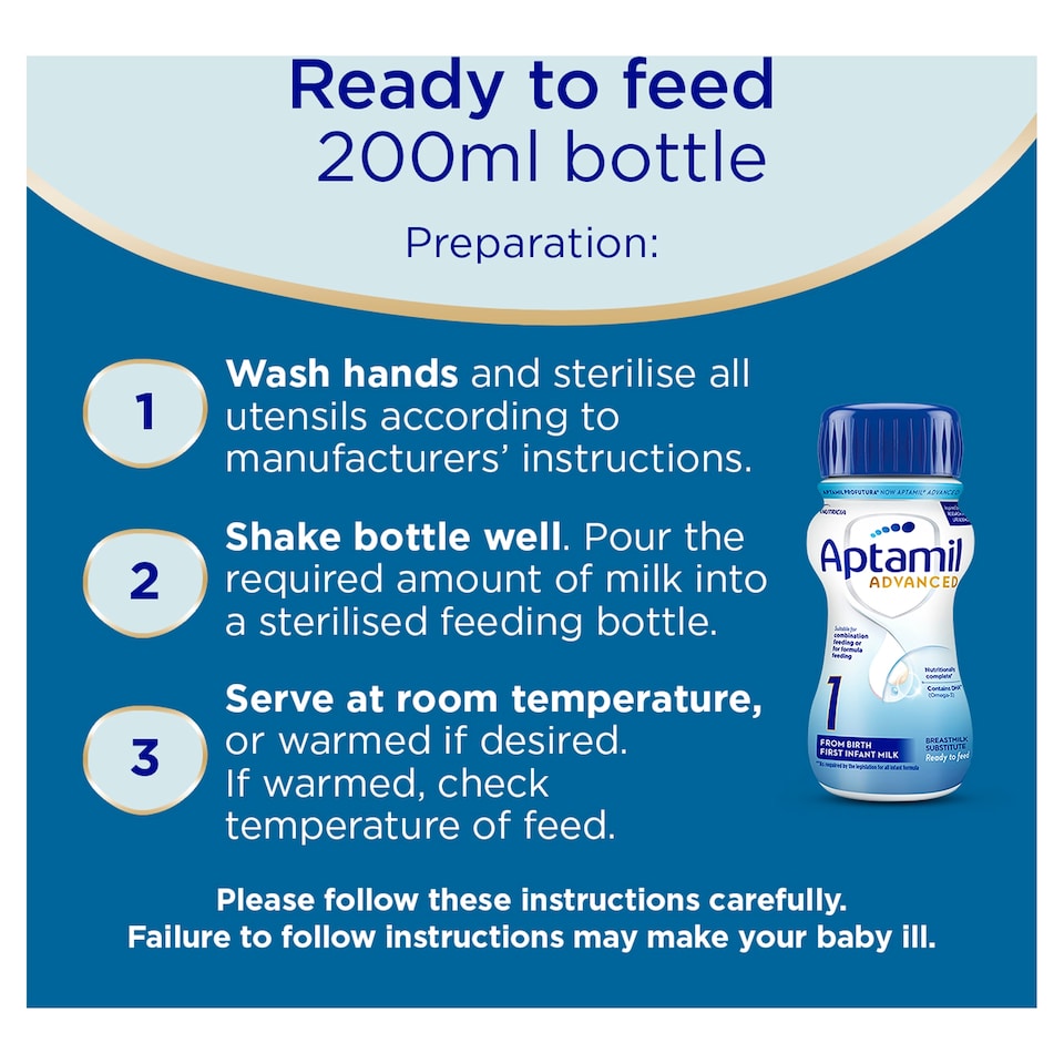 image 1 of Aptamil Advanced 1 First Baby Milk Formula Liquid Ready to Feed from Birth 200ml