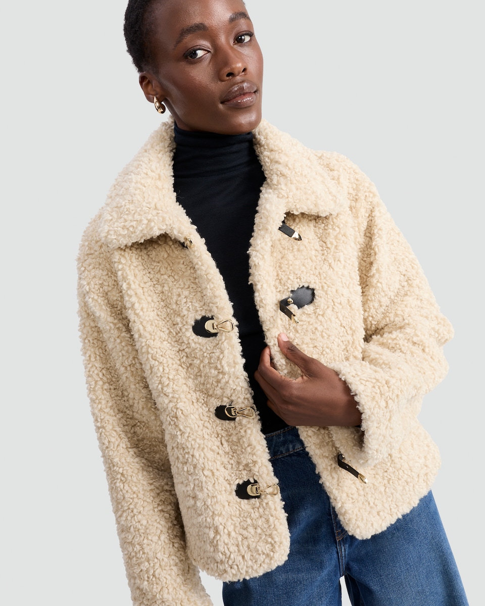 image 1 of The F&F Edit Borg Textured Toggle Fastening Cropped Jacket in Neutral