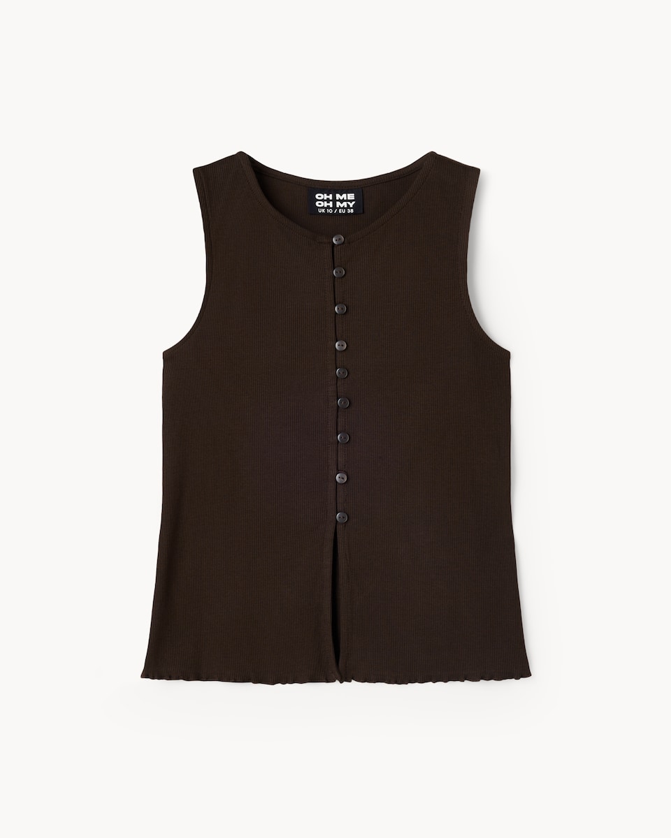 OH ME OH MY Cotton Rich Ribbed Button Up Vest in Chocolate