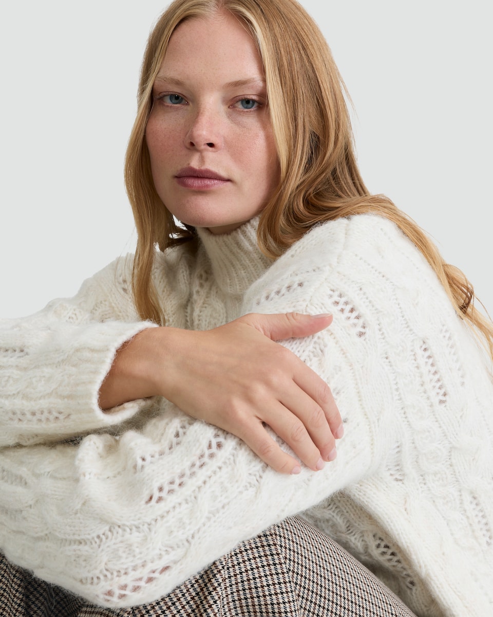 image 1 of F&F Ribbed High Neck Cable Knit Jumper with Wool in Cream