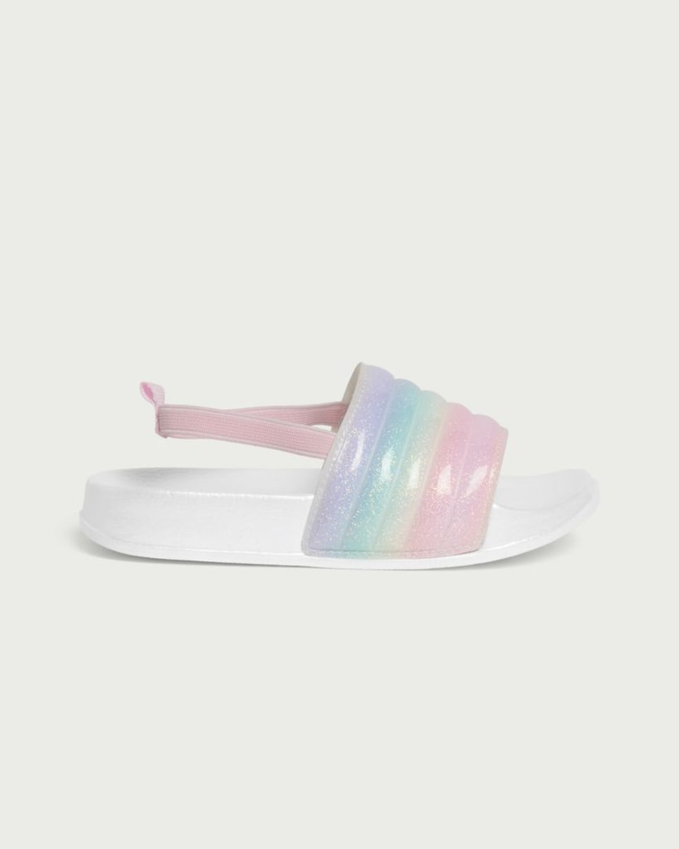 image 1 of F&F Girls Glitter Rainbow Strap Sliders in Multi
