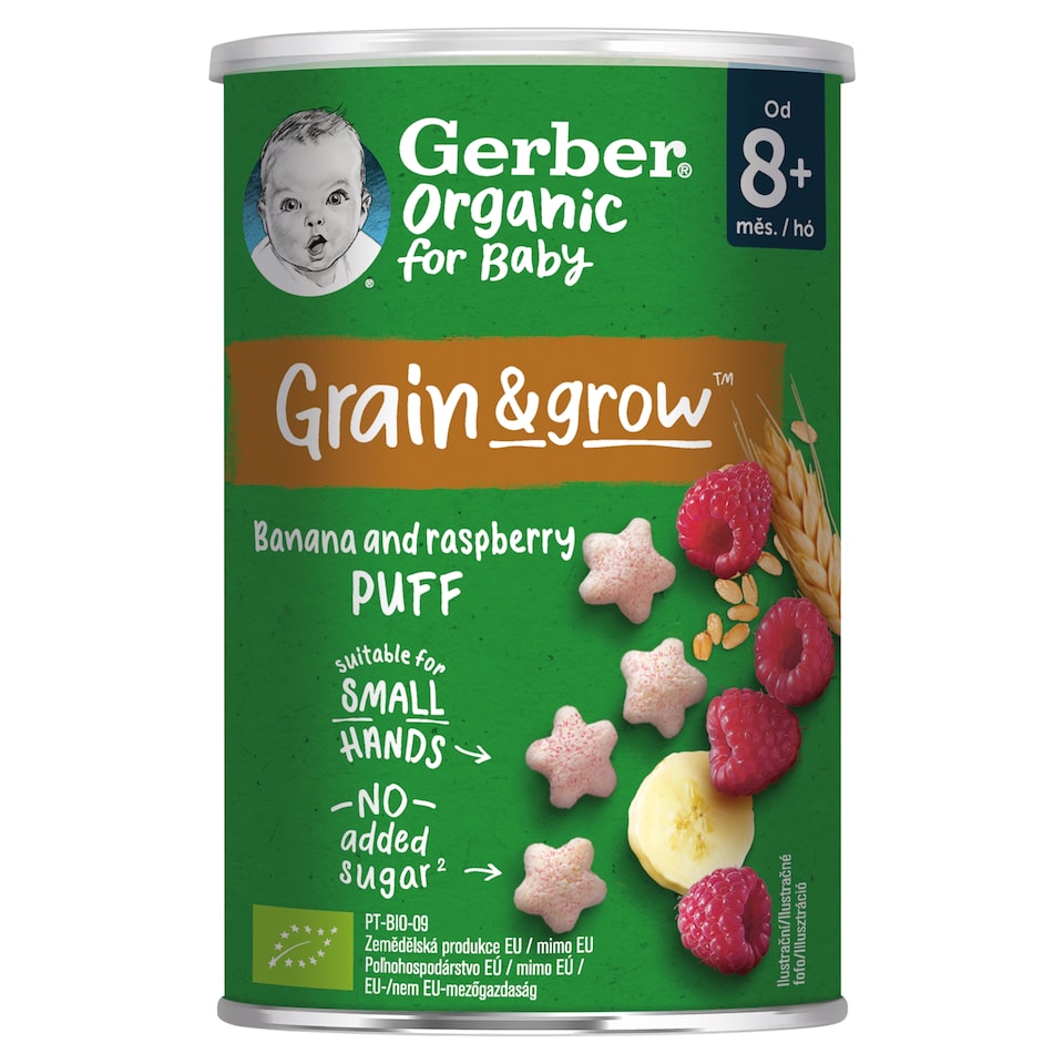 Gerber bio banános és málnás gabonasnack, 8 hónapos kortól 35 g 1. kép