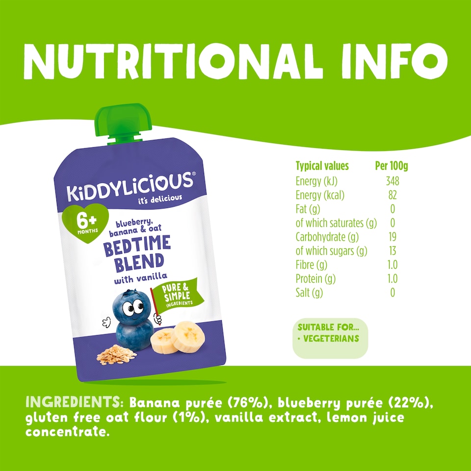 image 1 of Kiddylicious Bedtime Blend Blueberry Banana & Oat Pouches 4x100g