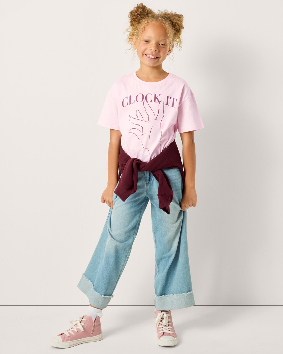 image 1 of F&F Girls Pure Cotton Slogan T-Shirt in Pink