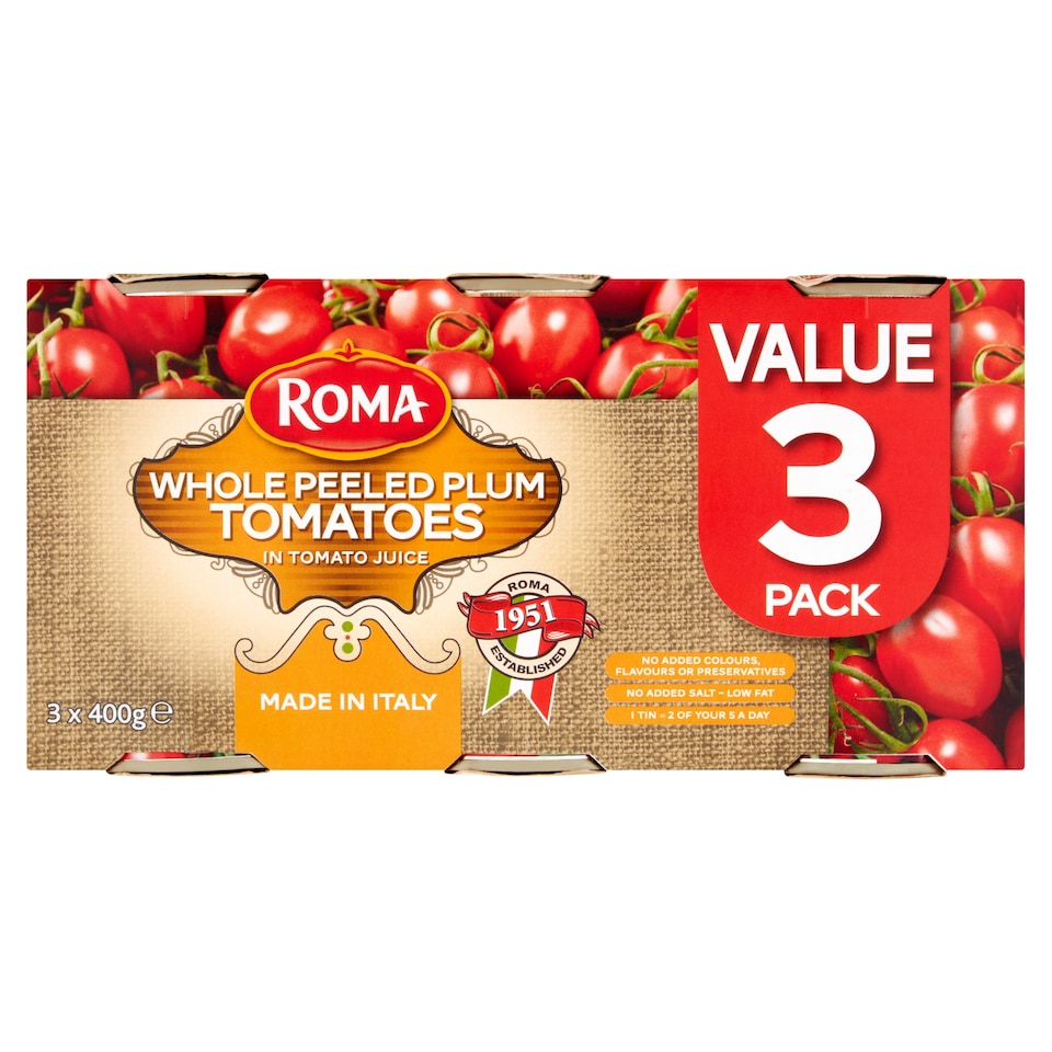 Roma Whole Peeled Tomatoes 3 X 400G