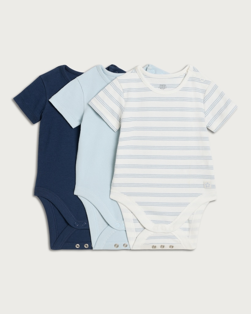 F&F Baby 3-Pack Cotton Rich Bodysuits in Blue