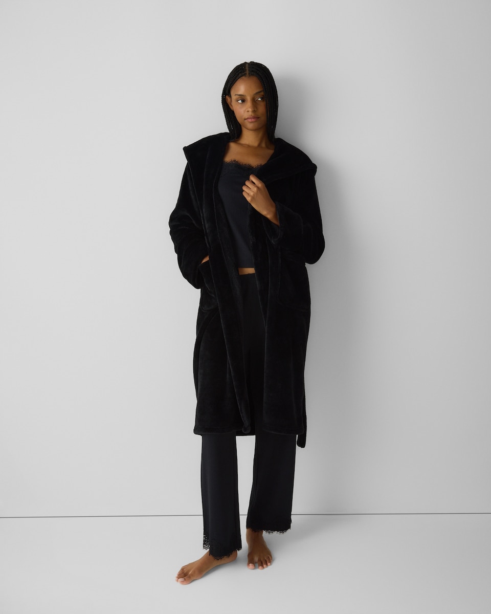 image 1 of F&F Fleece Hooded Dressing Gown in Black