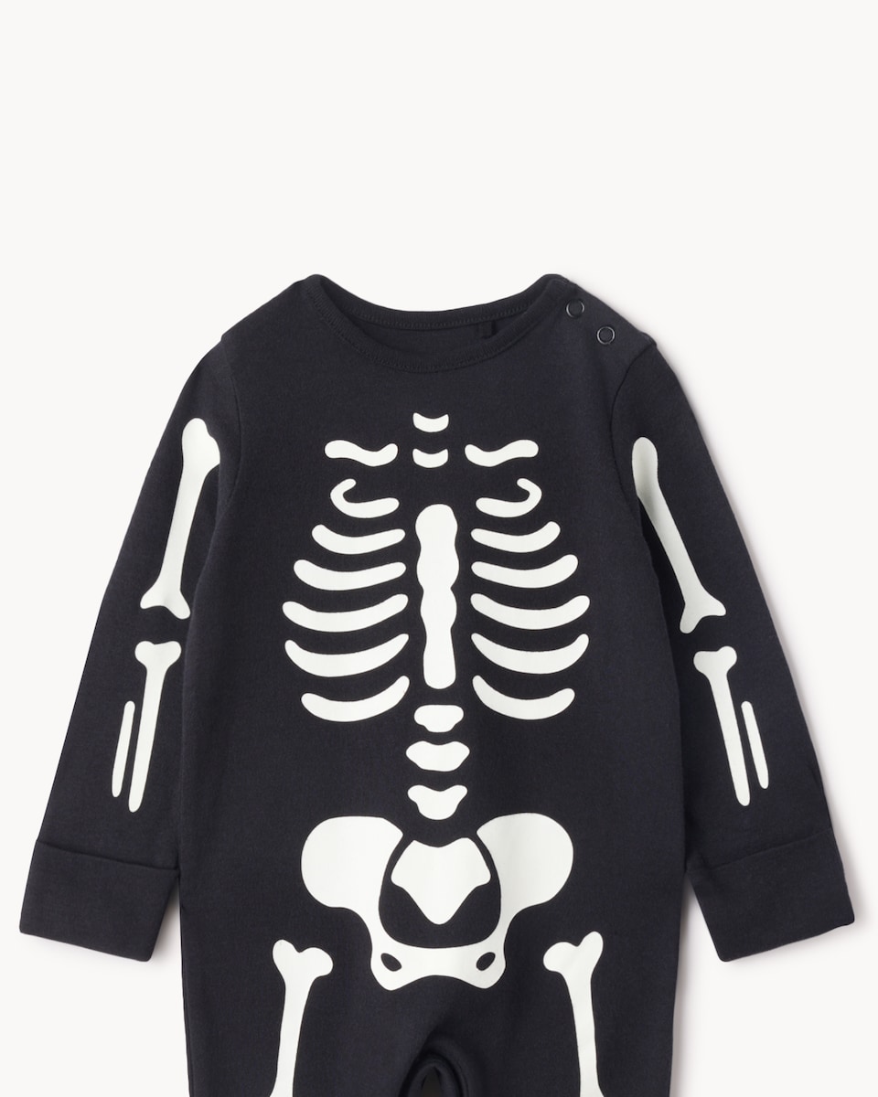 image 1 of F&F Baby Pure Cotton Halloween Skeleton Sleepsuit in Black