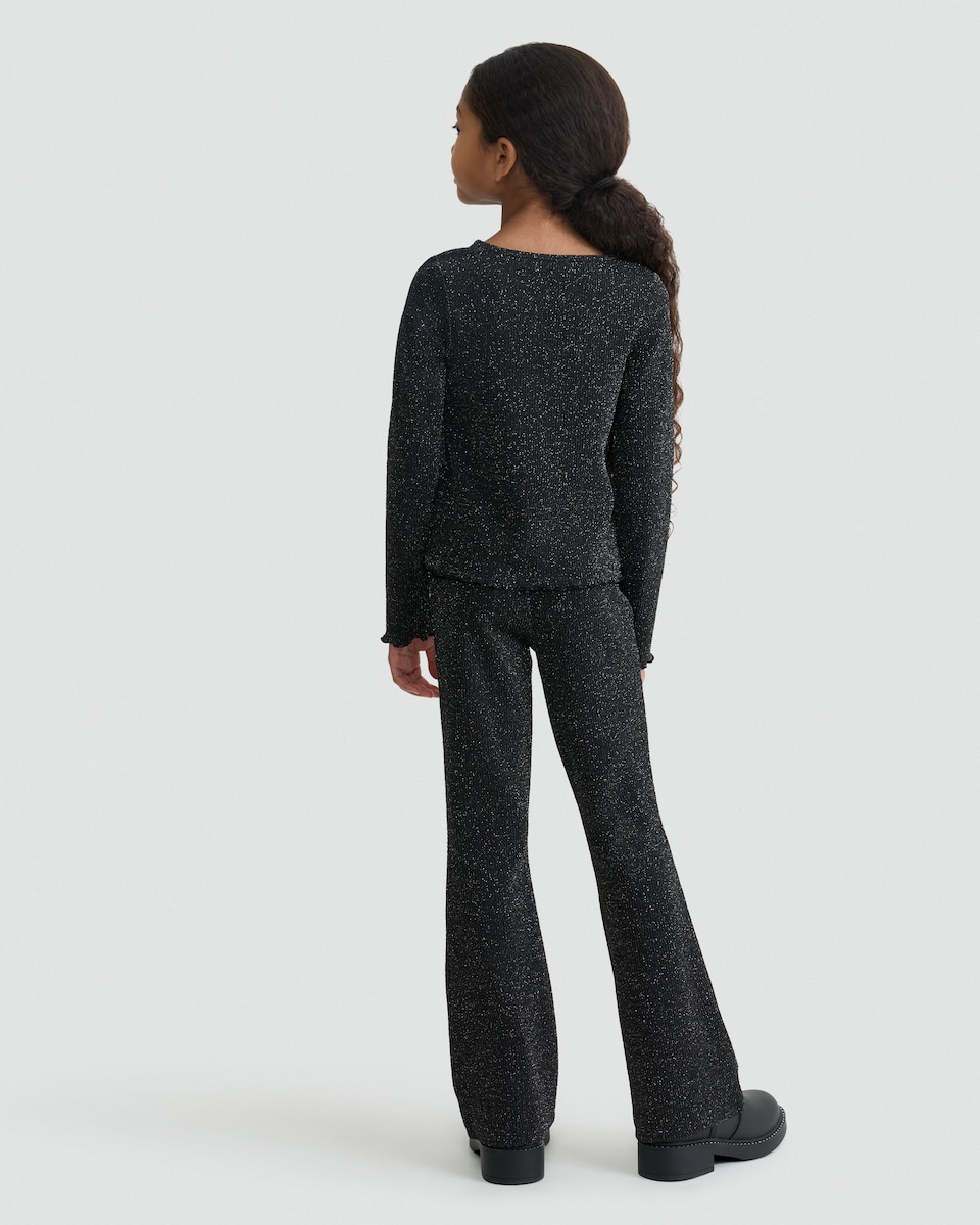 image 1 of F&F Girls 2-Piece Ribbed Glitter Top and Flared Legging Set in Black