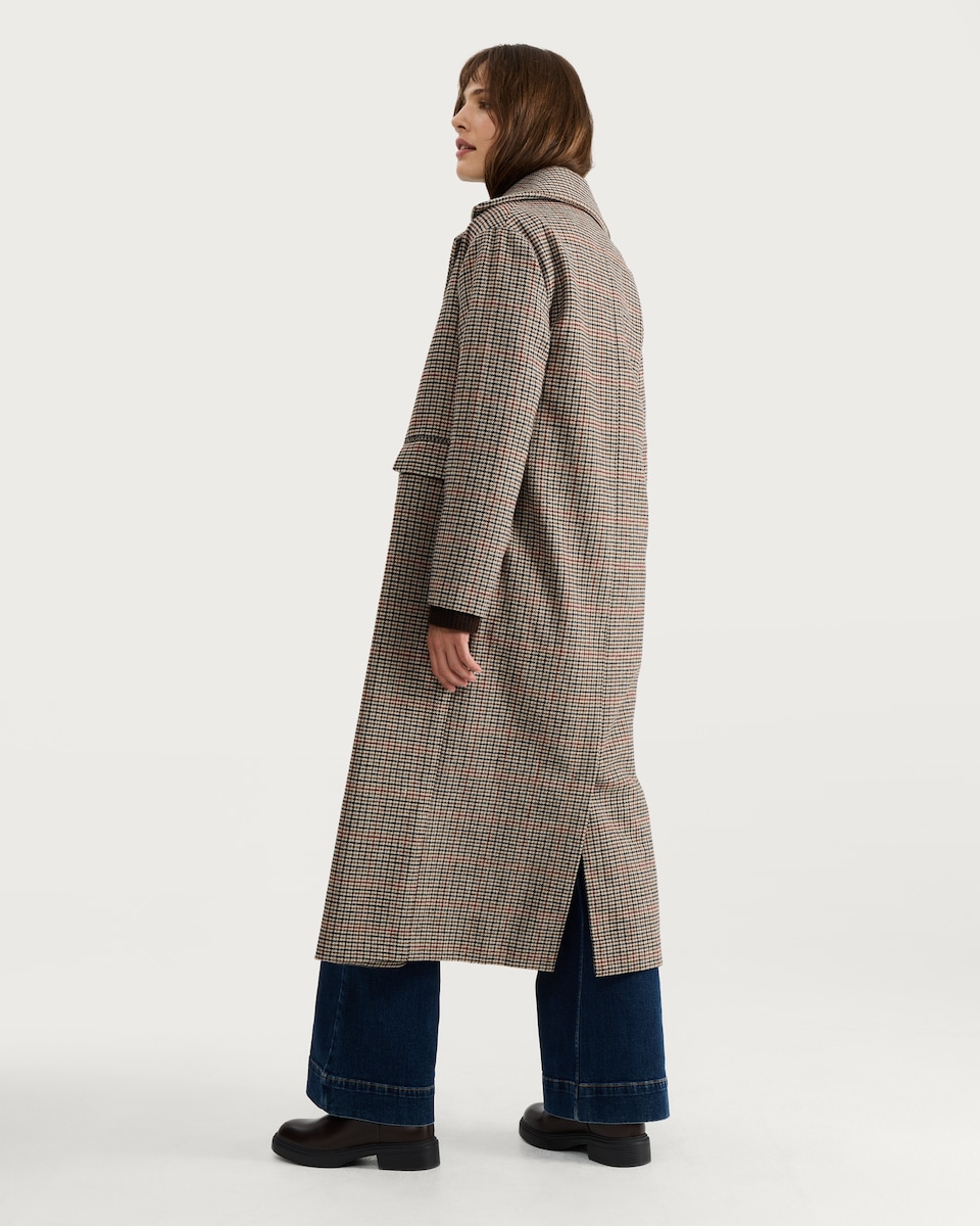 image 1 of F&F Double Breasted Houndstooth Print Coat with Wool in Multi Brown