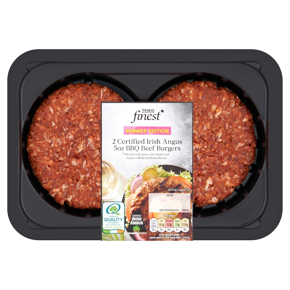Tesco Finest 2 Certified Irish Angus 5oz BBQ Beef Burger 284g