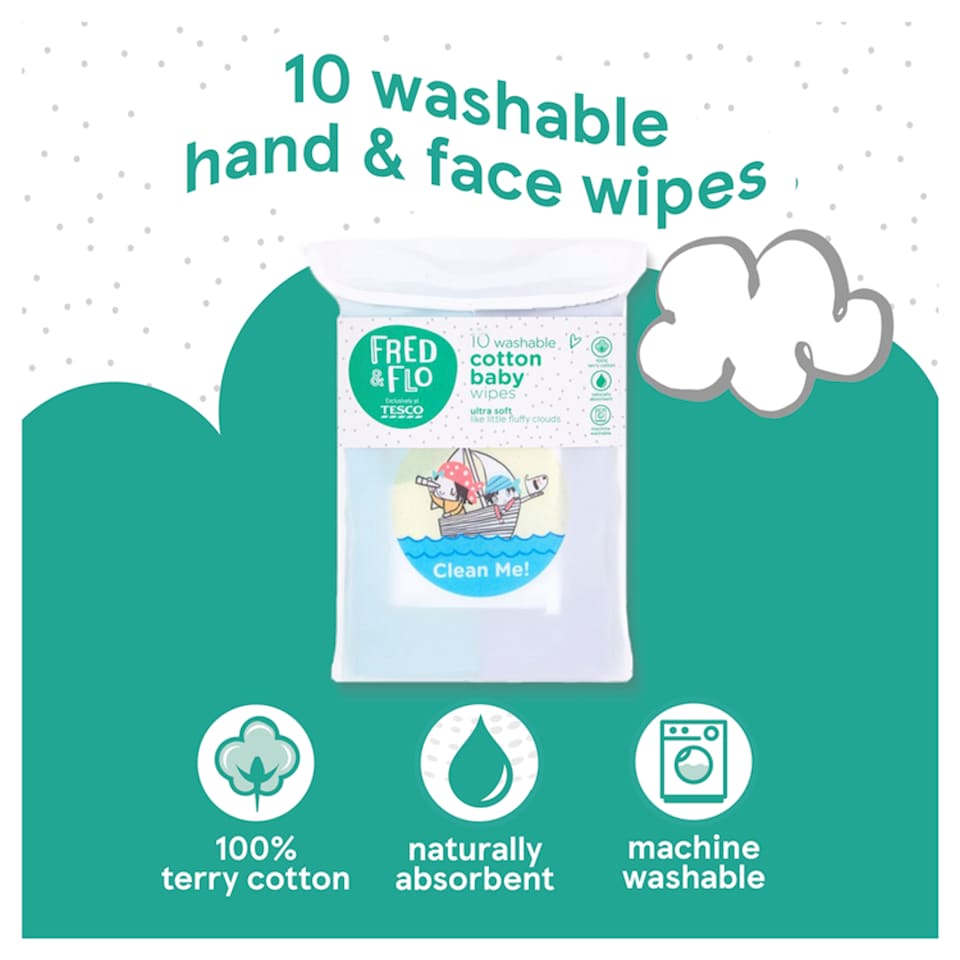 image 1 of Fred & Flo 10 Washable Hand & Face Wipes