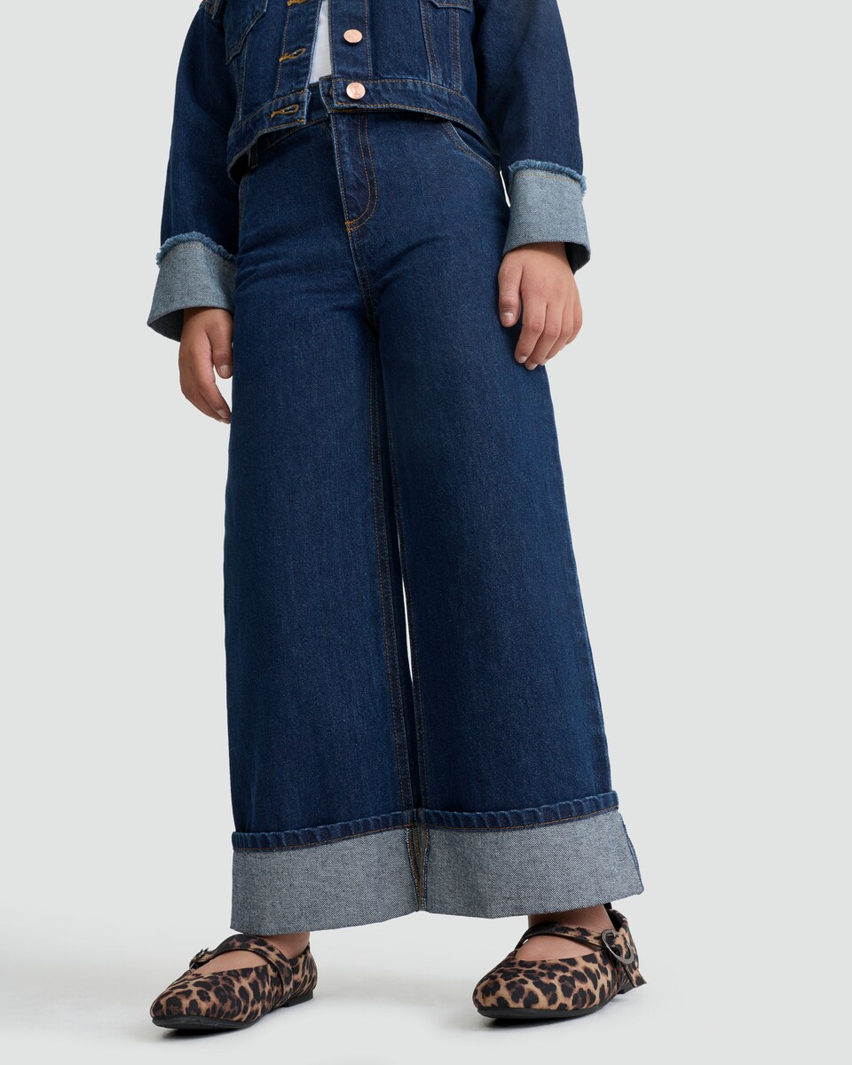image 1 of F&F Girls Pure Cotton Wide Leg Turn Up Jeans in Blue