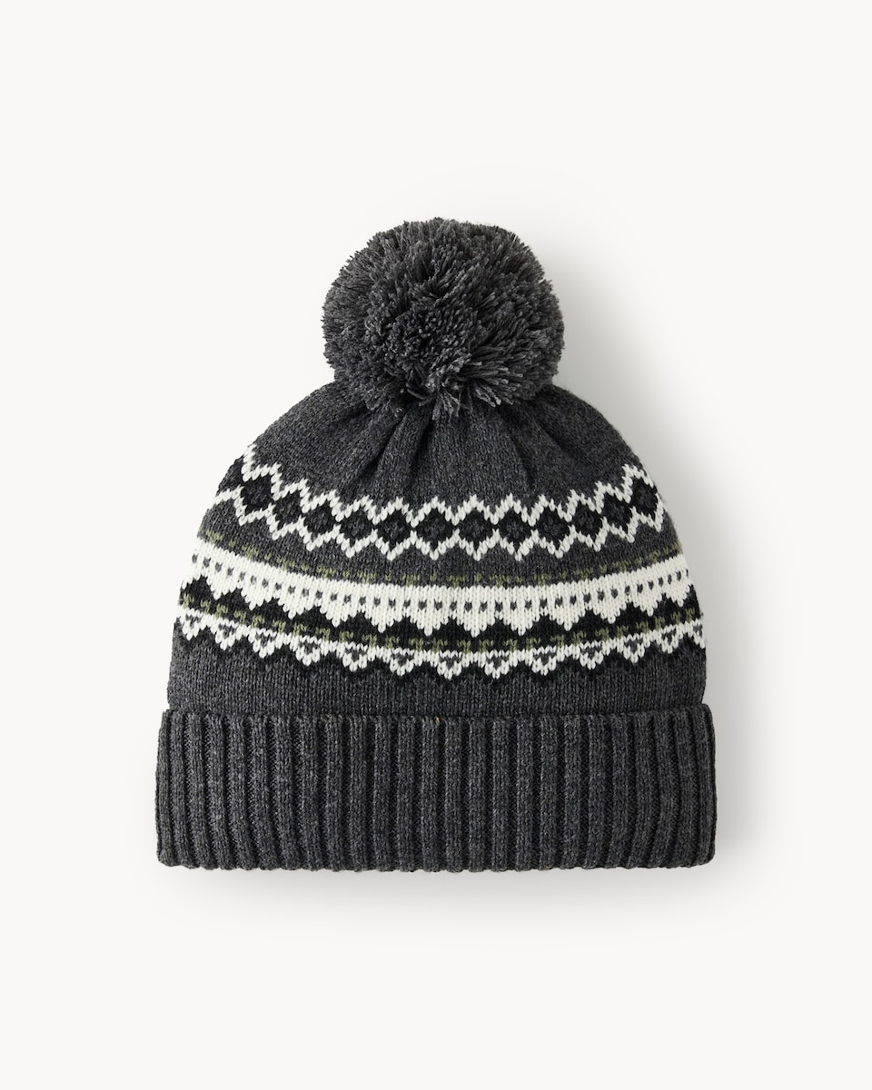 image 1 of F&F Fair Isle Pom Pom Hat in Grey