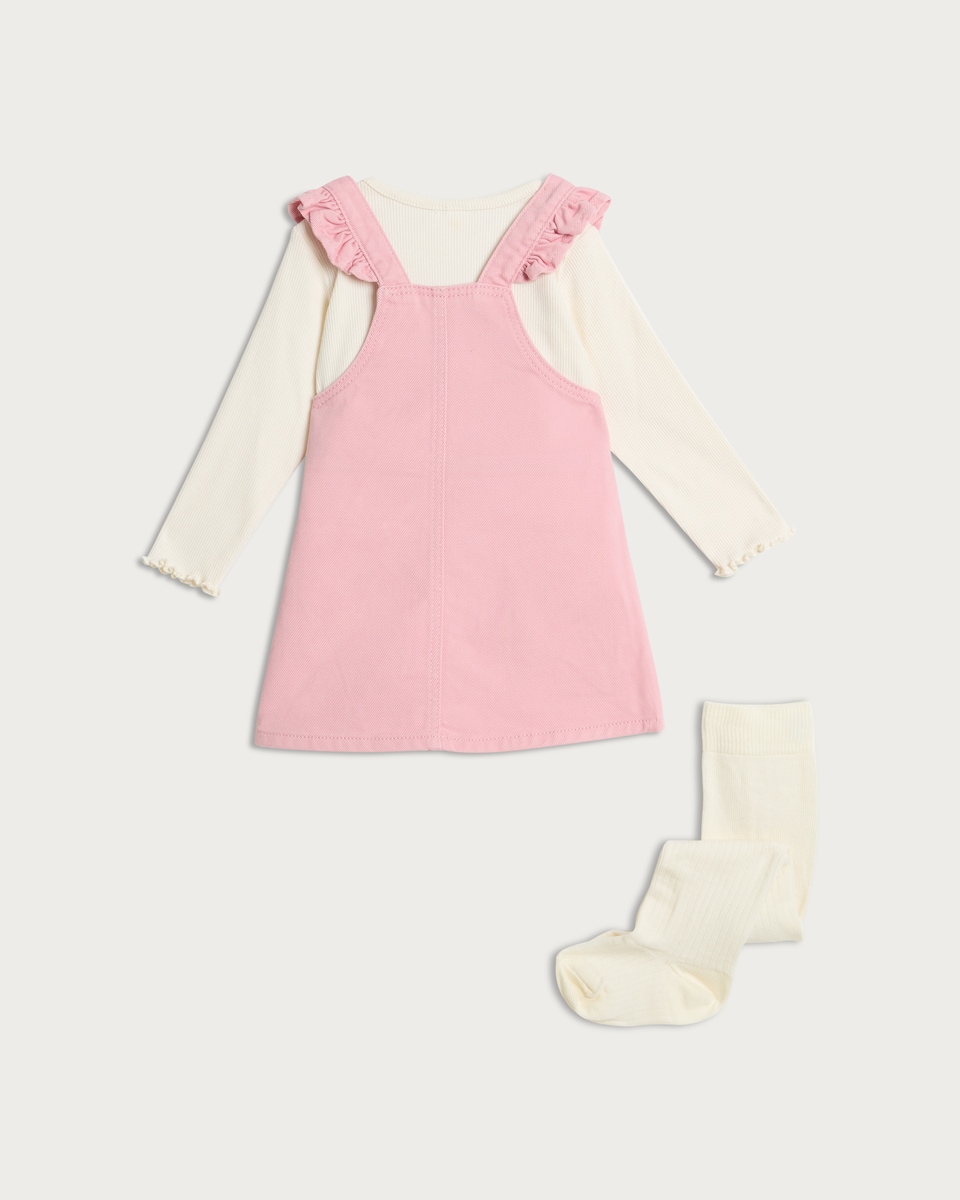 image 1 of F&F Baby 3-Piece Cotton Rich Cherry Embroidered Pinny, Bodysuit and Tights Set in Pink