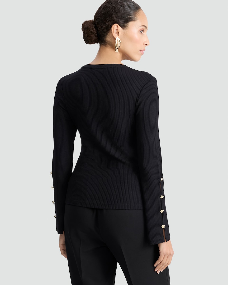 image 1 of F&F Ribbed Long Sleeved Button Accent Top in Black