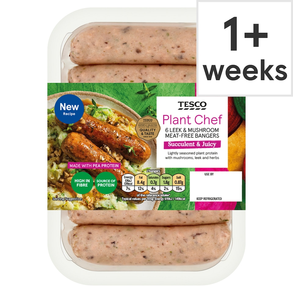Tesco Plant Chef 6 Leek & Mushroom Meat-Free Bangers 300G