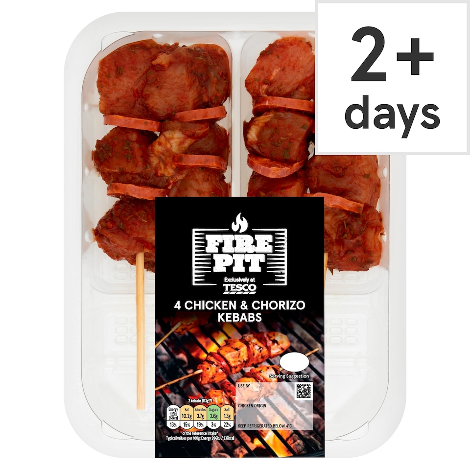 Tesco 4 Bbq Chicken & Chorizo Kebabs 272G