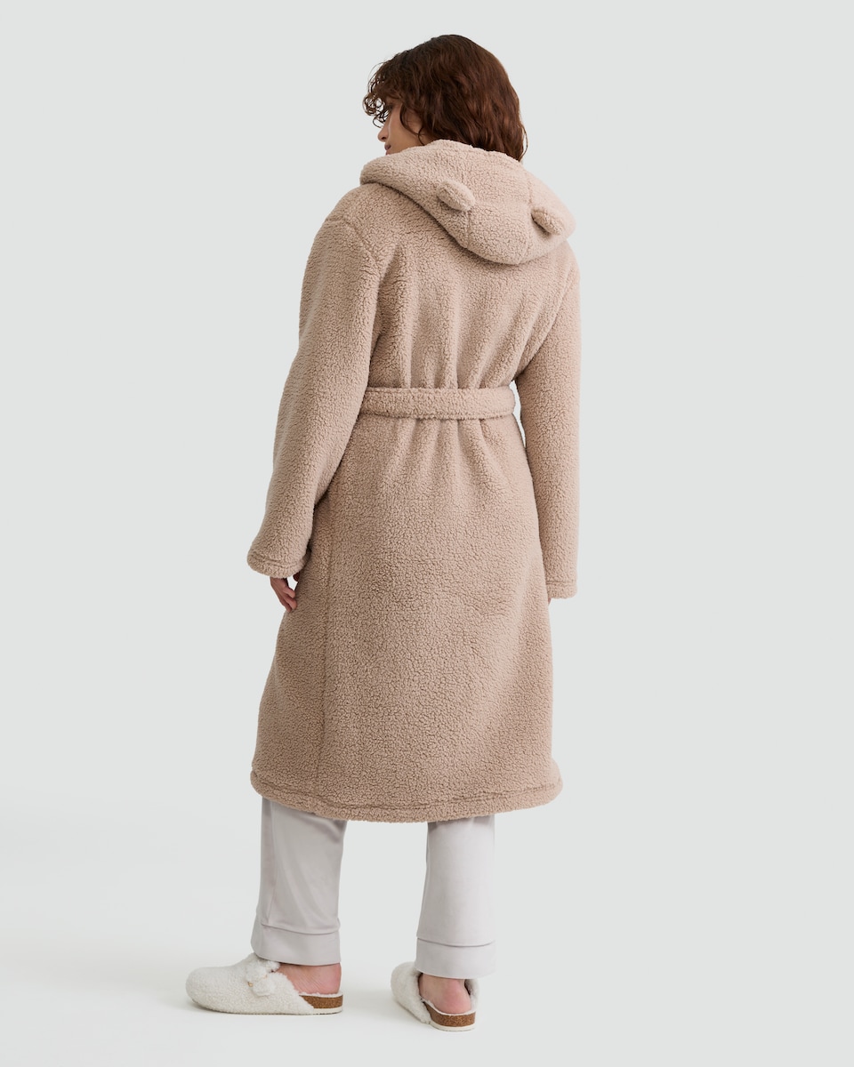 image 1 of F&F Fleece Textured Hooded Bear Ear Dressing Gown in Brown