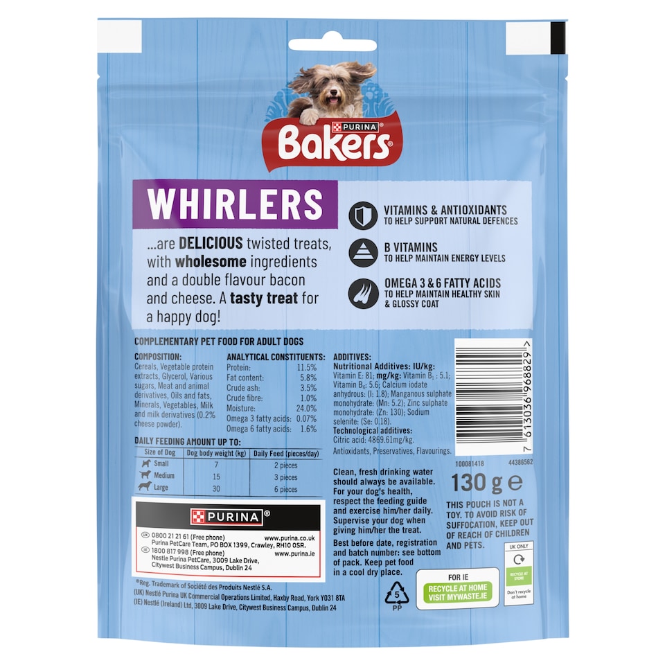 image 1 of Bakers Whirlers Dog Treats Bacon And Cheese 130G