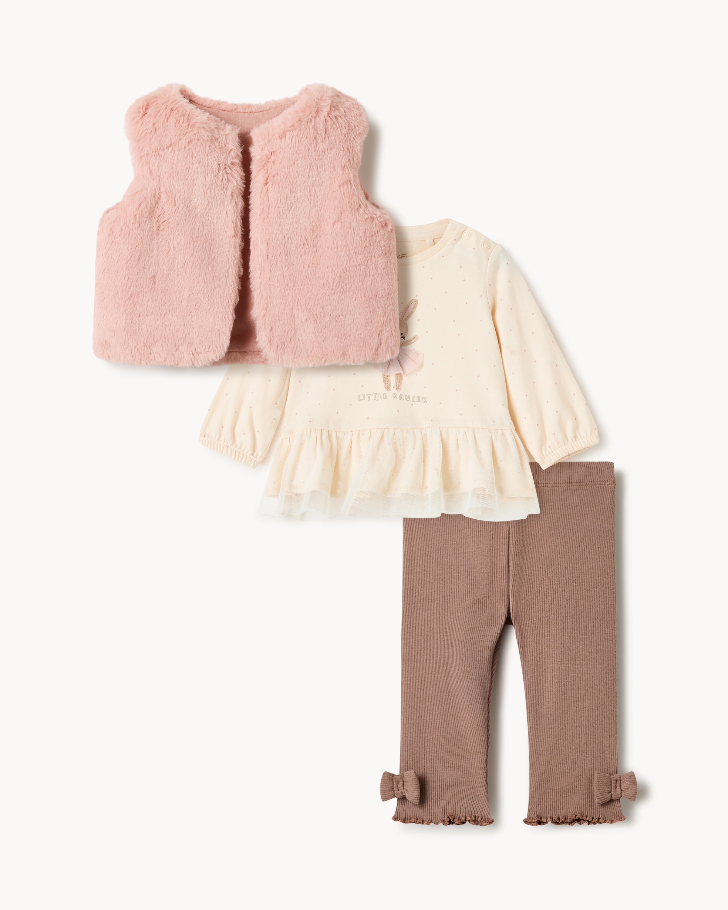 F&F Baby Faux Fur Gilet, Top and Legging Set in Cream