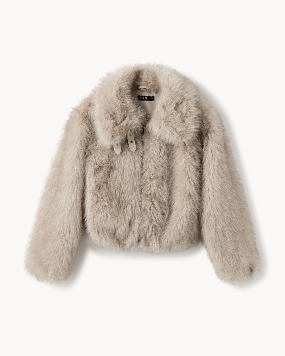 image 1 of F&F Faux Fur Aviator Jacket in Neutral