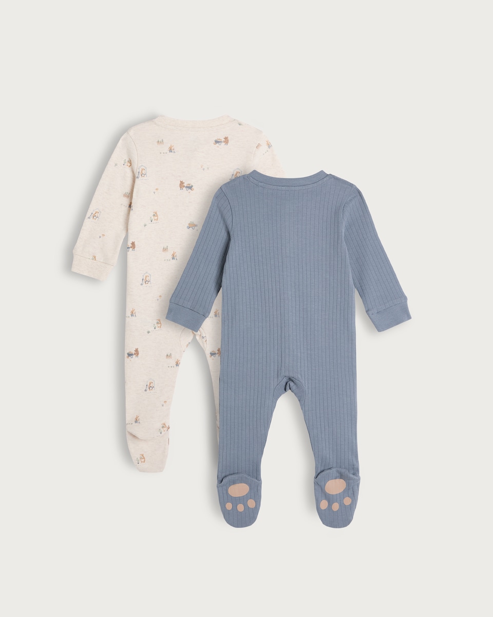 image 1 of F&F Baby 2-Pack Cotton Rich Bear Print Sleepsuits in Blue
