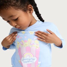 F&F Girls Pure Cotton Unicorn Snacks Long Sleeved Top in Blue
