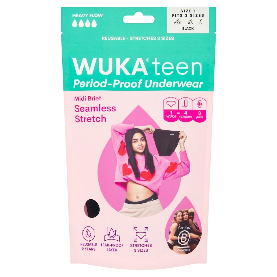 WUKA Teen Seamless Stretch Midi Brief Period Proof Underwear Heavy Flow Black Size 2XS - S