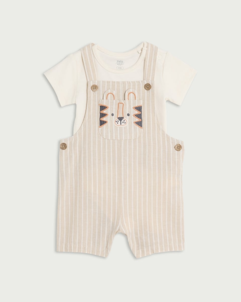 image 1 of F&F Baby 2-Piece Cotton Rich Dungarees and Bodysuit Set in Khaki