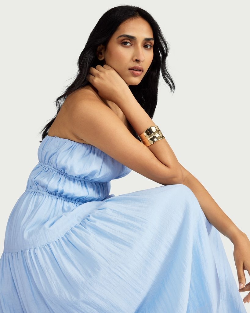 F&F Ruched Tiered Strapless Midi Dress in Blue
