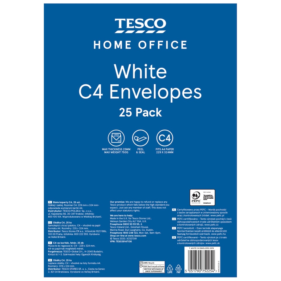 Tesco White C4 Envelopes 25Pk