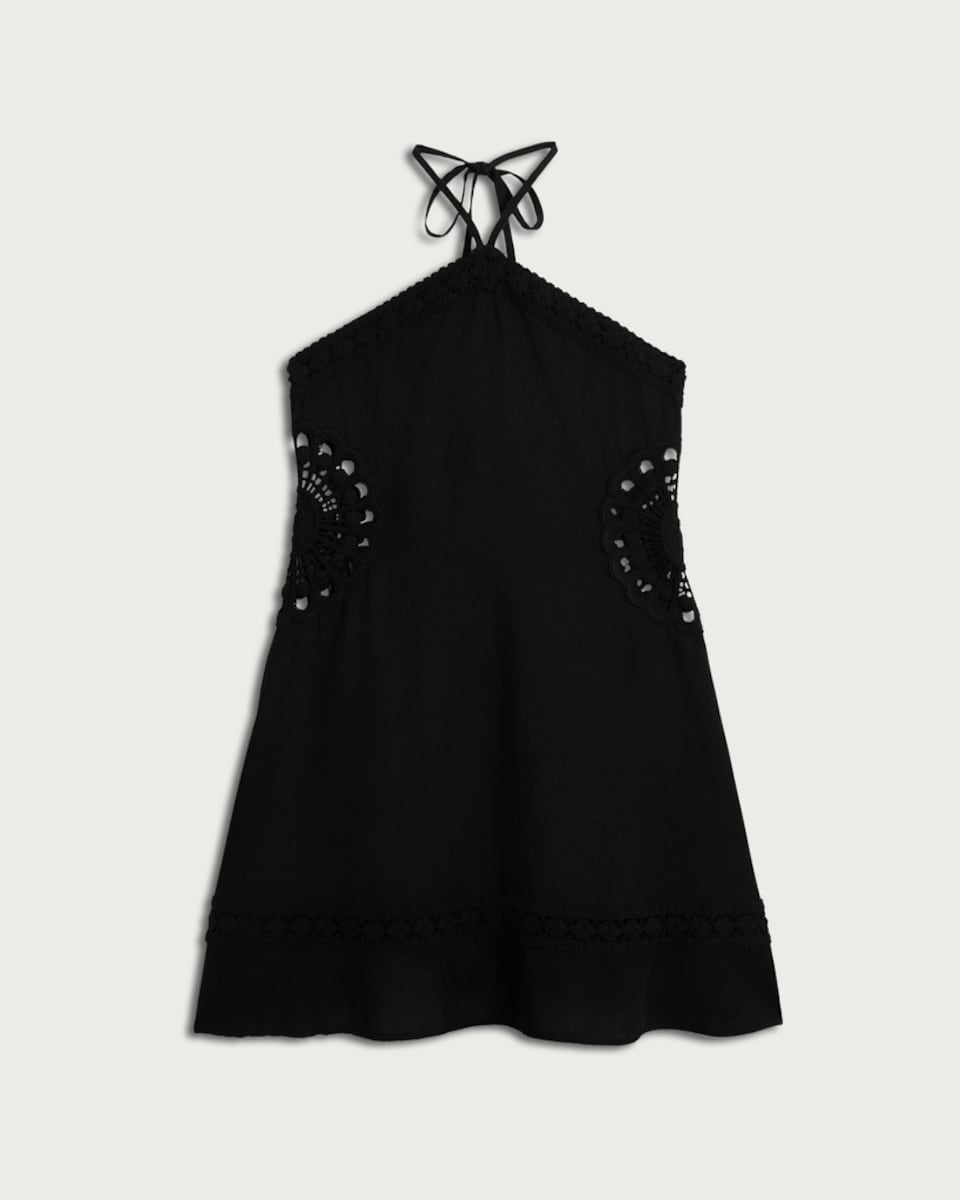 image 1 of F&F Crochet Detail Beach Dress with Linen in Black
