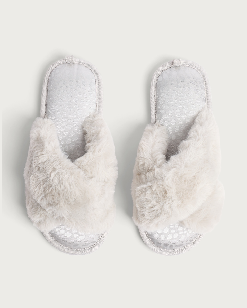image 1 of F&F Faux Fur Crossover Slippers in Grey