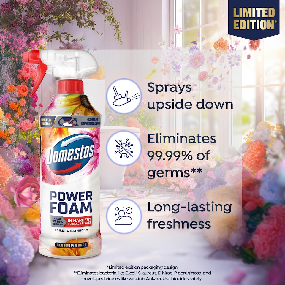 image 1 of Domestos Power Foam Toilet and Bathroom Cleaner Blossom Burst Limited Edition 450ml