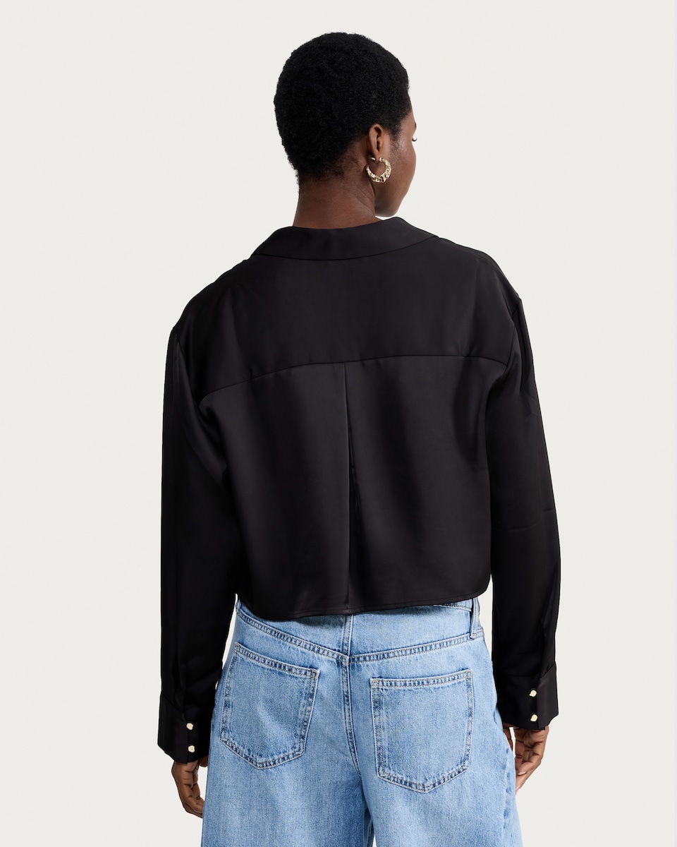 image 1 of F&F Satin Cropped Button Up Shirt in Black