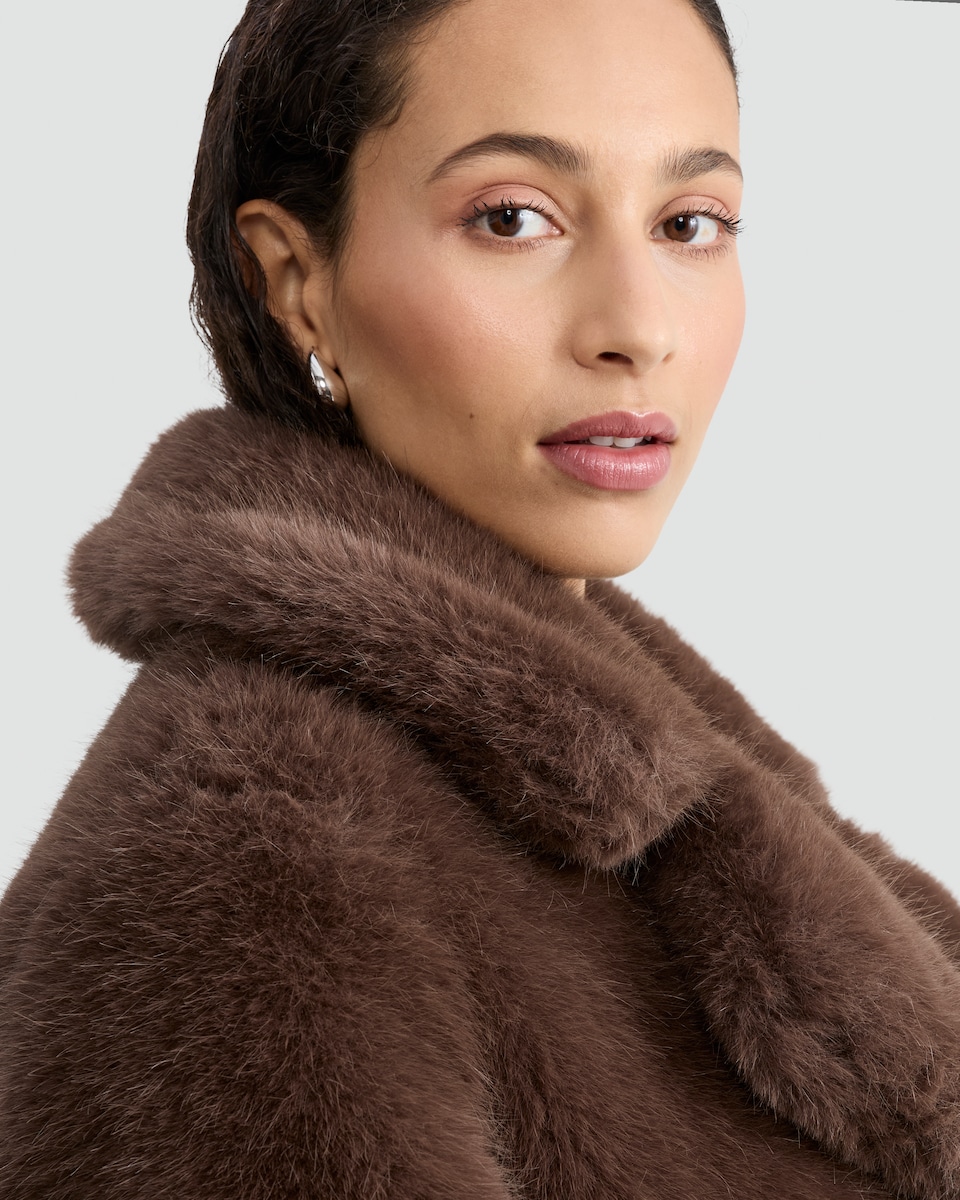 image 1 of F&F Faux Fur Pocket Detail Longline Coat in Brown