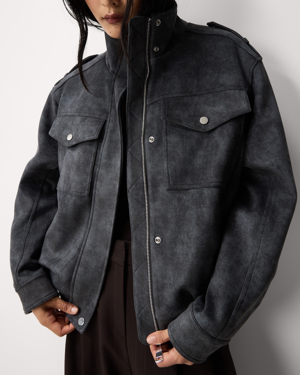 image 1 of F&F Faux Suede Funnel Neck Jacket in Grey