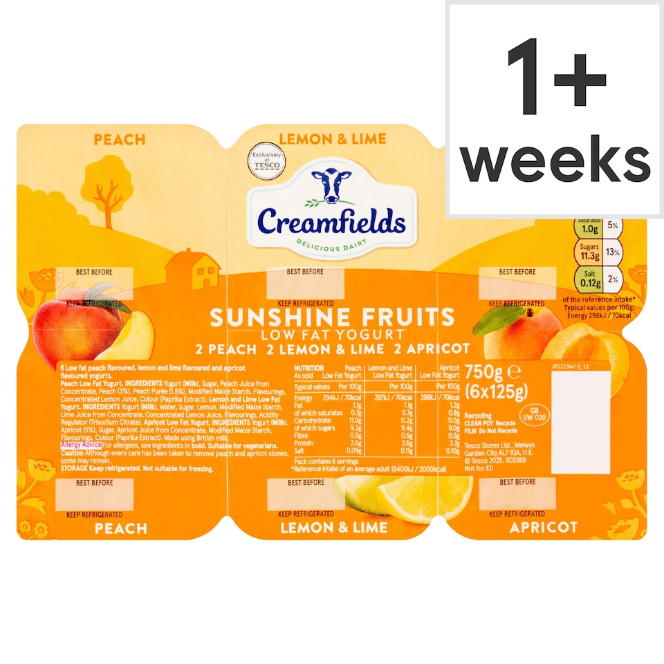 Creamfields Low Fat Sunshine Fruit Yogurt 6X125g