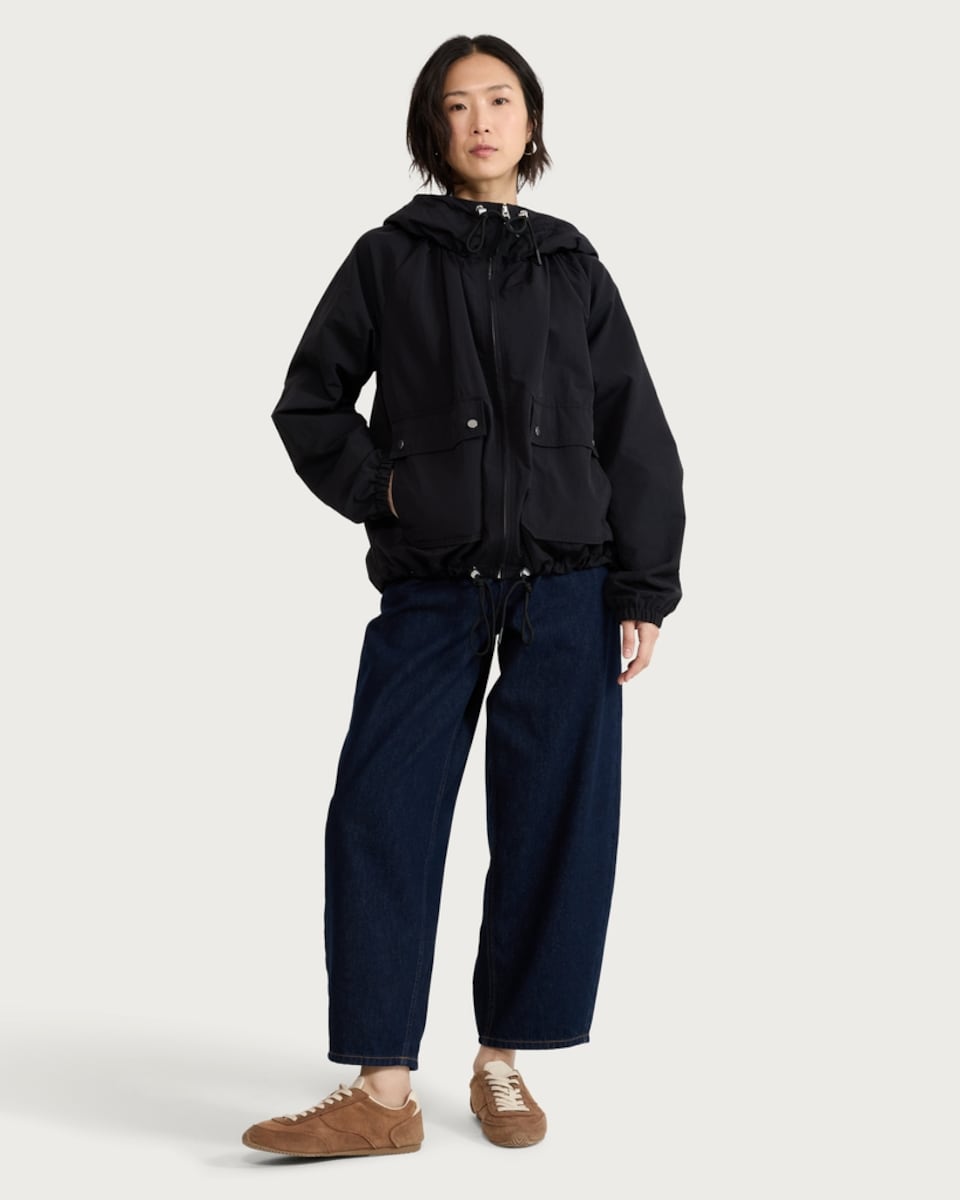 image 1 of F&F Drawstring Hem Hooded Shower Resistant Zip Up Jacket in Black