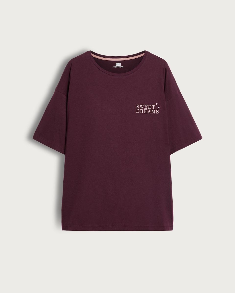 image 1 of F&F Pure Cotton Sweet Dreams Pyjama T-Shirt in Burgundy