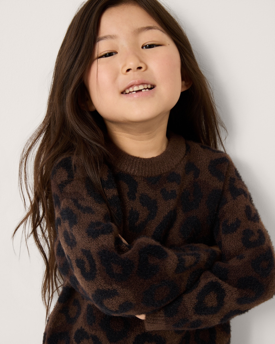 image 1 of F&F Girls Leopard Print Knitted Jumper in Brown