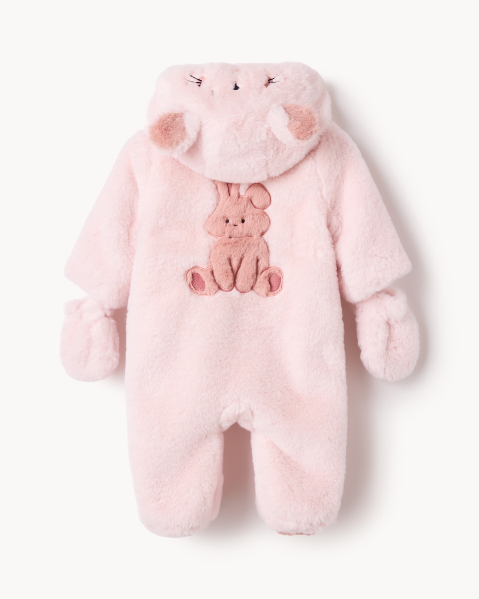 image 1 of F&F Baby Faux Fur Bunny Pramsuit in Pink