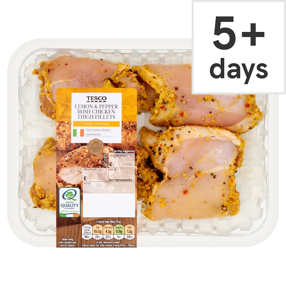Tesco Lemon And Pepper Irish Chicken Thigh Fillets 500G