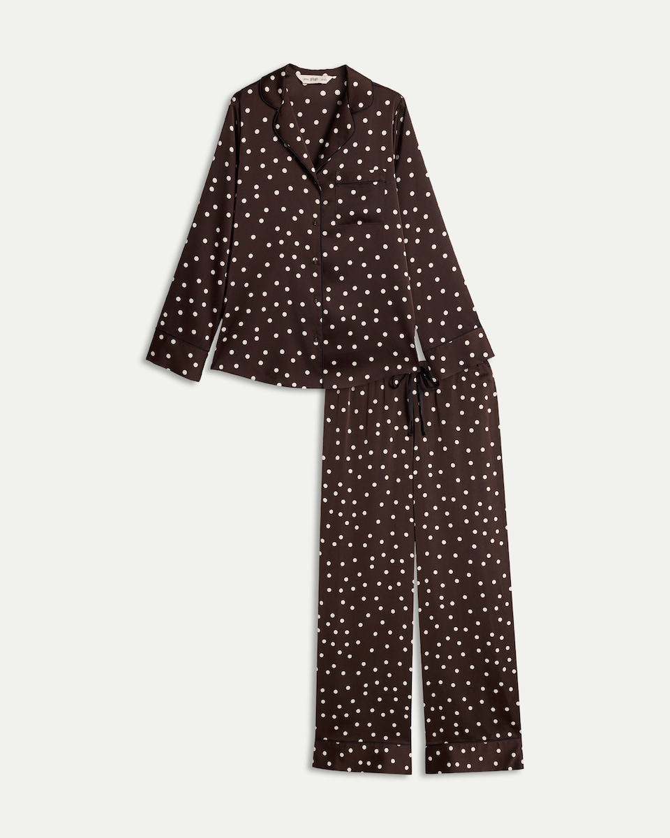 image 1 of F&F 2-Piece CoolEase™ Satin Polka Dot Revere Pyjama Set in Chocolate