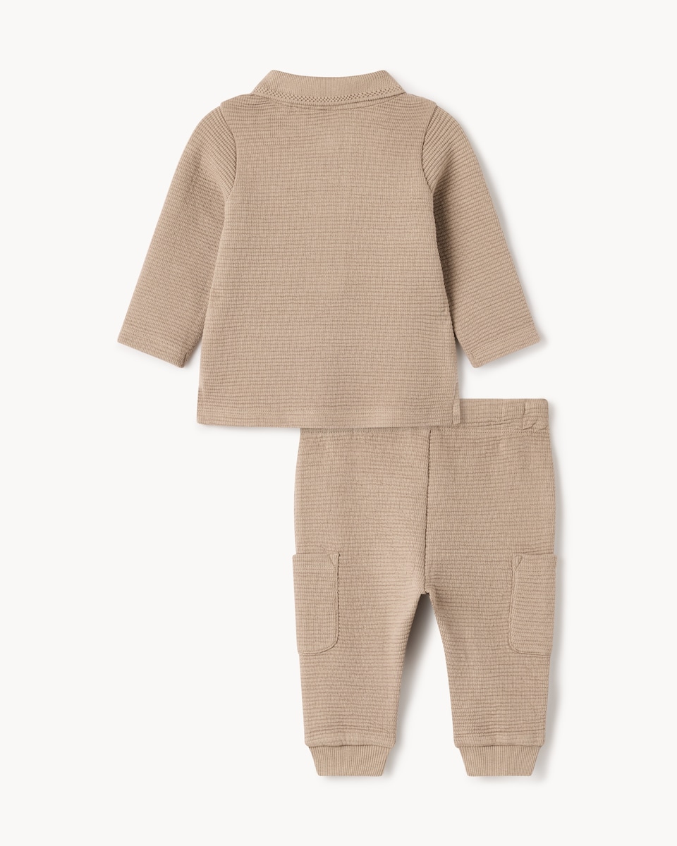 image 1 of F&F Baby Cotton Rich Textured Shirt and Joggers Set in Tan