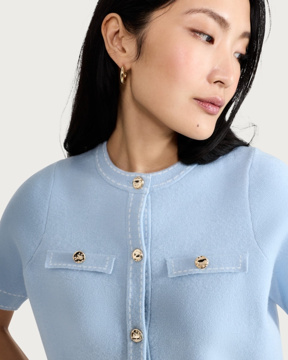 image 1 of F&F Knitted Short Sleeved Contrast Stitch Cardigan in Blue