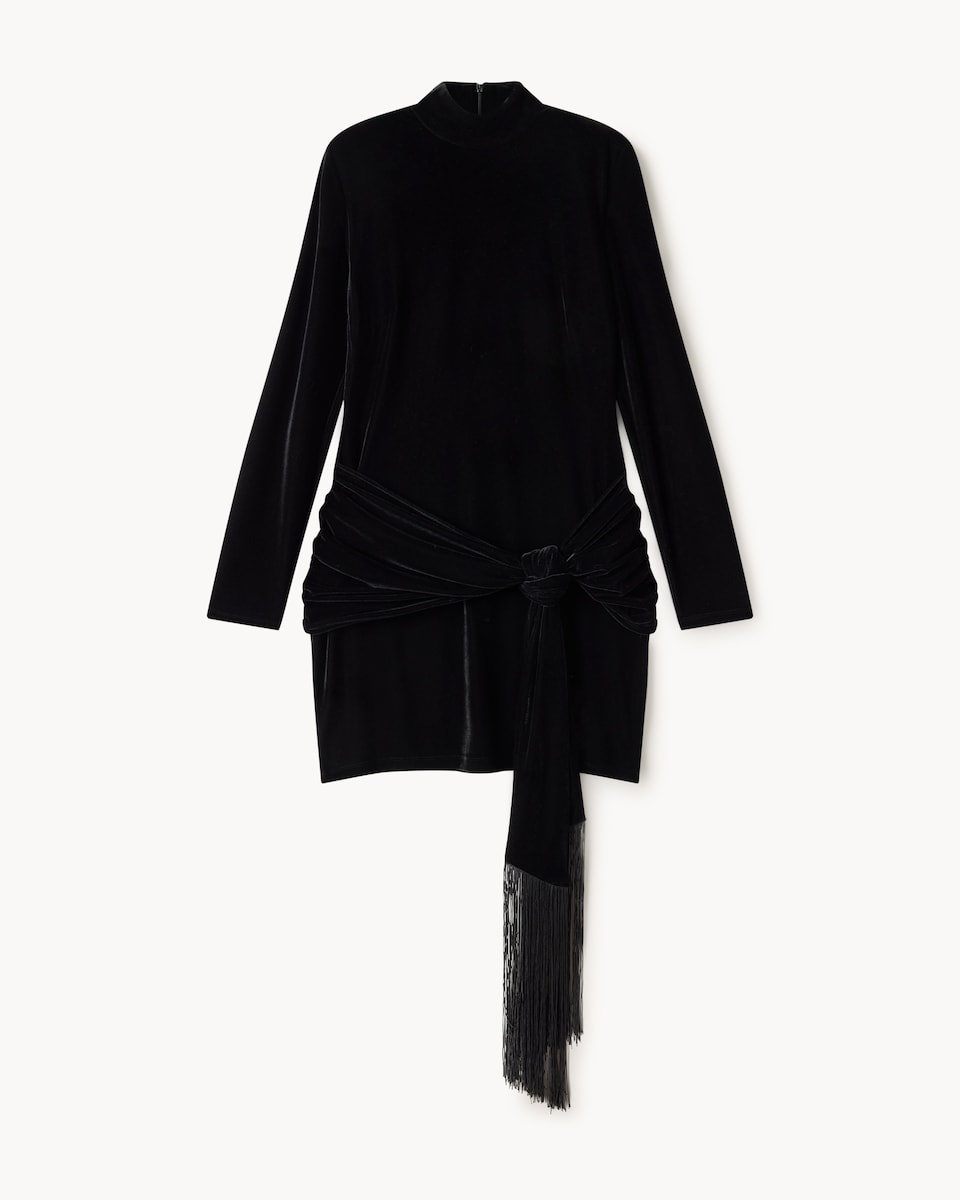 image 1 of F&F Velvet High Neck Mini Dress in Black