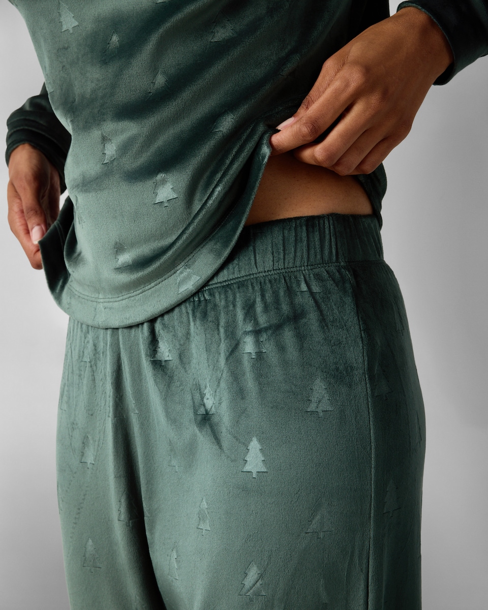 image 1 of Christmas Fleece Embossed Tree Pyjama Set in Green