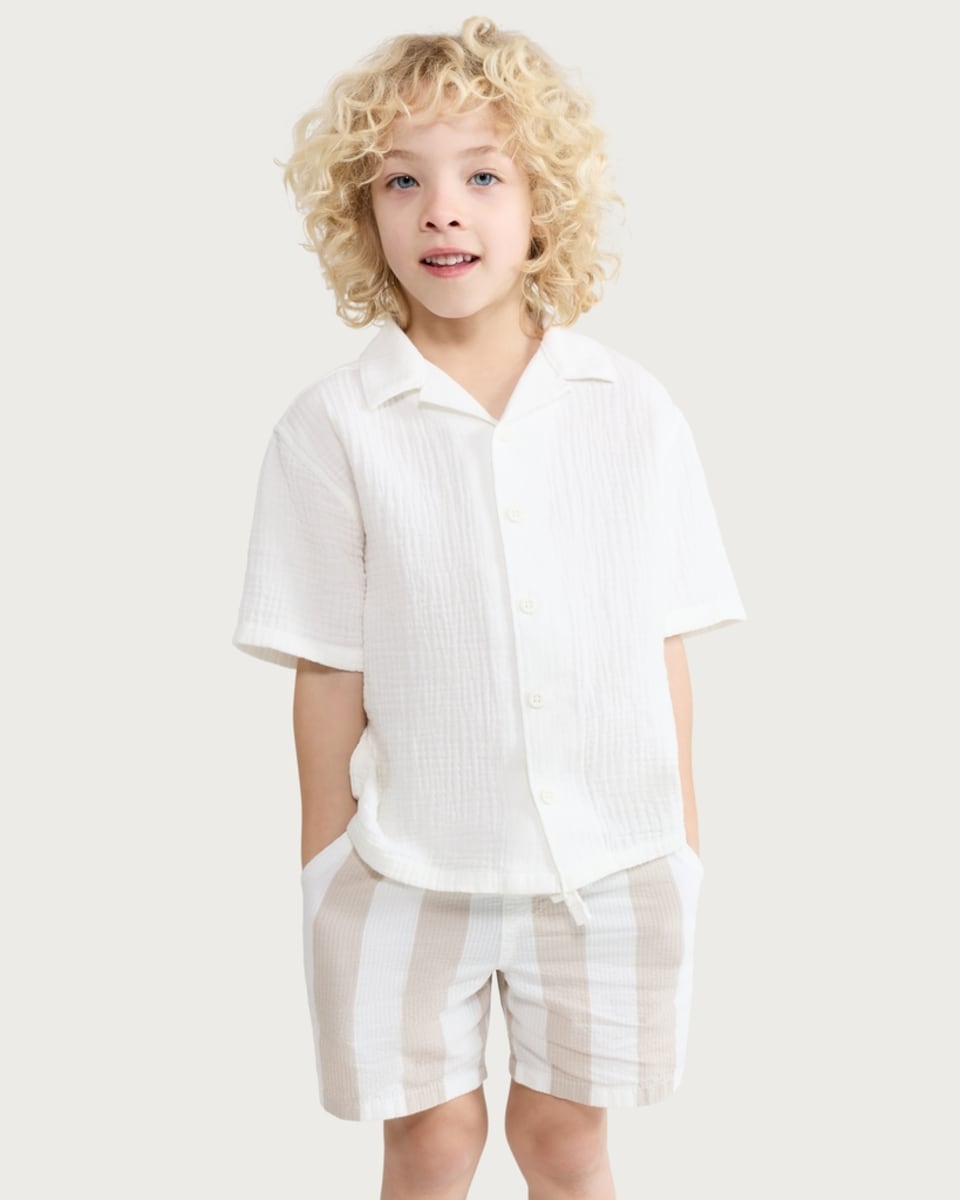image 1 of F&F Boys 2-Piece Pure Cotton Shirt and Striped Shorts in Stone